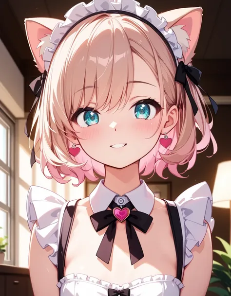  High image quality 、        High Quality       、         girl with cat ears      、        Beige Hair   、 the inside of the hair is a pastel pink inner color、Beige ears 、 medium hair  、  Rob    、    Beige hair surface、 turquoise eyes  、  short、       small...