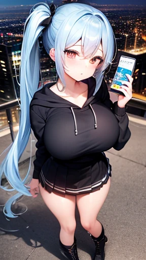 (20 year old woman, cute woman, full body, (big breasts: 1.5), two breasts, (side ponytail: 1.75), light blue hair, (big black ribbon with hair, white oversized hoodie, black pleated skirt, black boots, lace-up boots), yellow eyes, mascara, ahoge, pastel c...