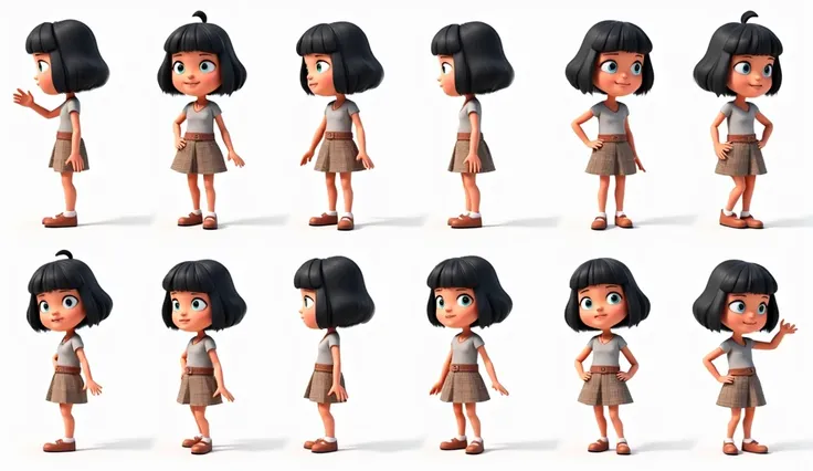 a grid showing the same cartoonish 3D character in different poses. a Pixar girl with black hair, wearing clothes from the 60s, blue eyes, and a plain white background