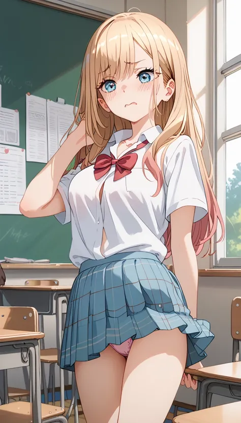 nsfw,anime colored,cute girl,high school student,school uniform, short sleeve shirt, summer style with light fabric, plaid skirt,blond hair, long hair,Medium breasts,flustered,bashful,in classroom,take off panties,8k,HighQuality