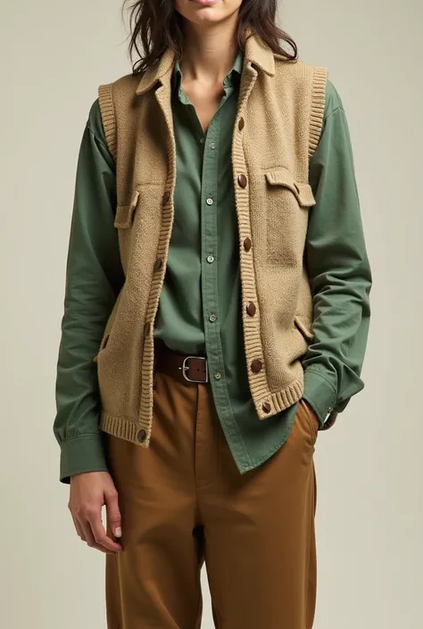 Knitted khaki vest, green shirt and brown pants. generate an outfit.
