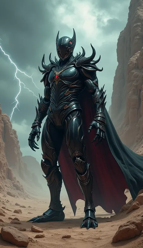 A muscular, dark and mysterious hero with scorpion-like armor, a black and crimson cape, standing in a rocky desert under a stormy sky.