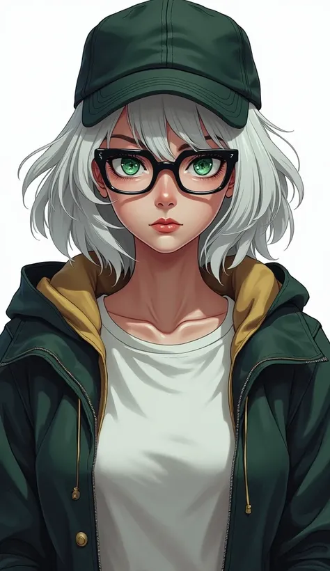 1 nerdy woman, beautiful, white hair, green eyes, wearing eye glasses, wearing cap, wearing t-shirt and jacket, high resolution, white background, front view, villain look, woman in T-pose