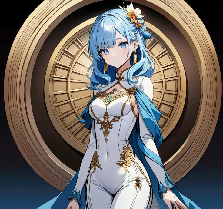 Young woman with white skin 
Short wavy blue hair
Blue eye pupil
large gold earrings 
White Chinese suit with blue details
Anime style