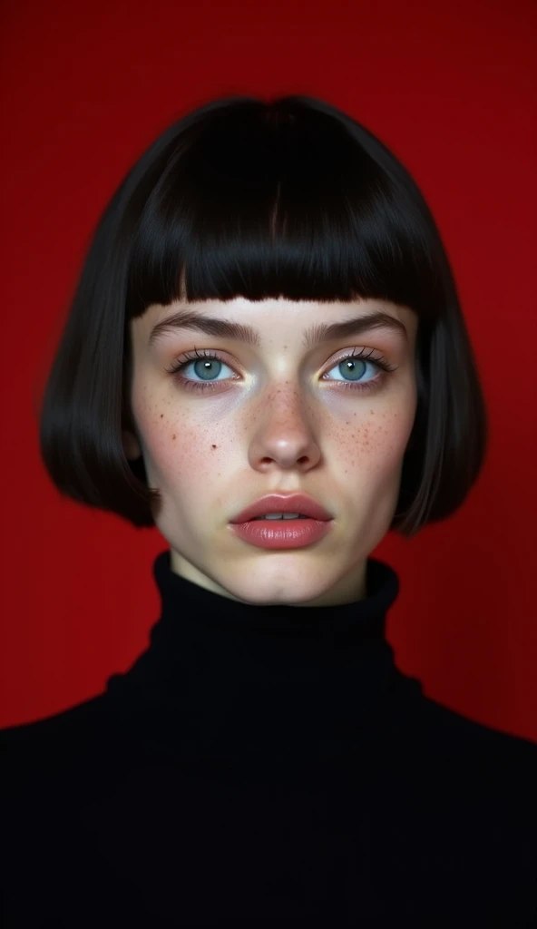 A high-fashion editorial photo with a minimalist and modern aesthetic. The image features a young model with a sleek, short bob haircut, cut just above her chin, with blunt bangs that sit straight across her forehead. Her expression is neutral, with slight...