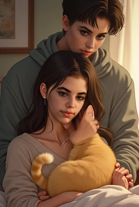 Woman with a yellow cat curled up on her face in the background her boyfriend protects her 