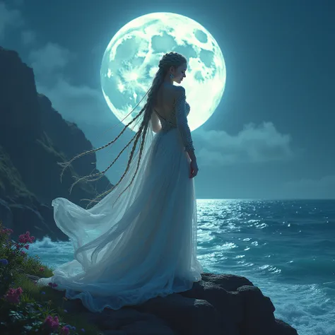 A mystical scene featuring a woman with long, intricately braided hair, standing on the edge of rocky cliffs by the ocean. She wears a flowing, embellished gown with colorful embellishments, reflecting ethereal beauty. A large, luminous full moon illuminat...