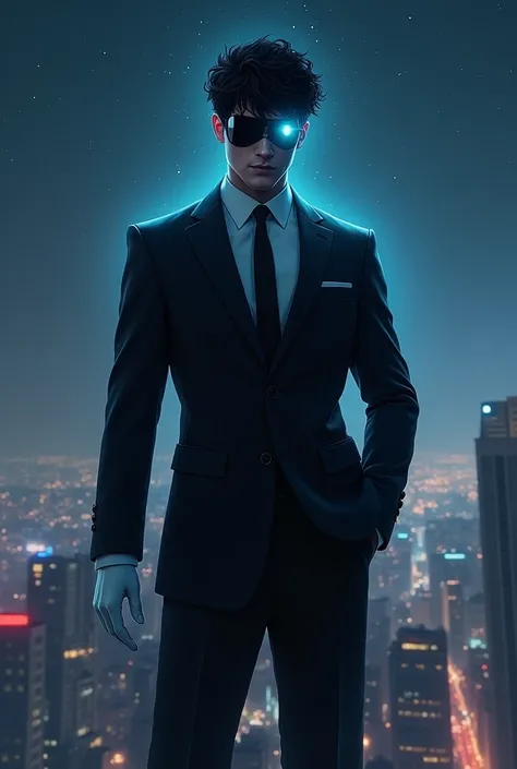 Man,black suit,black and short curly hair,wore cool mask that hide his face, wear white gloves, glowing blue left eye, standing on high building in the city,beautiful night sky(alot of stars) ,elegant pose, killing intent blue aura