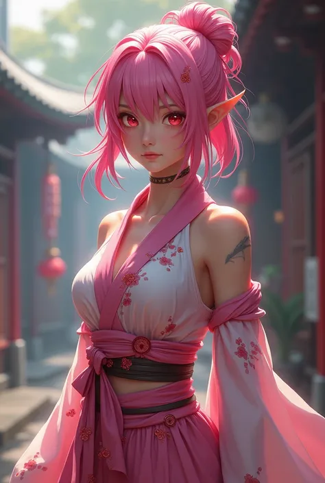  a 20-year-old girl,  shes a ninja who wears a pink obi with a flower print,  her hair is pink and her eyes are crimson red, Her costume doesnt have long sleeves 