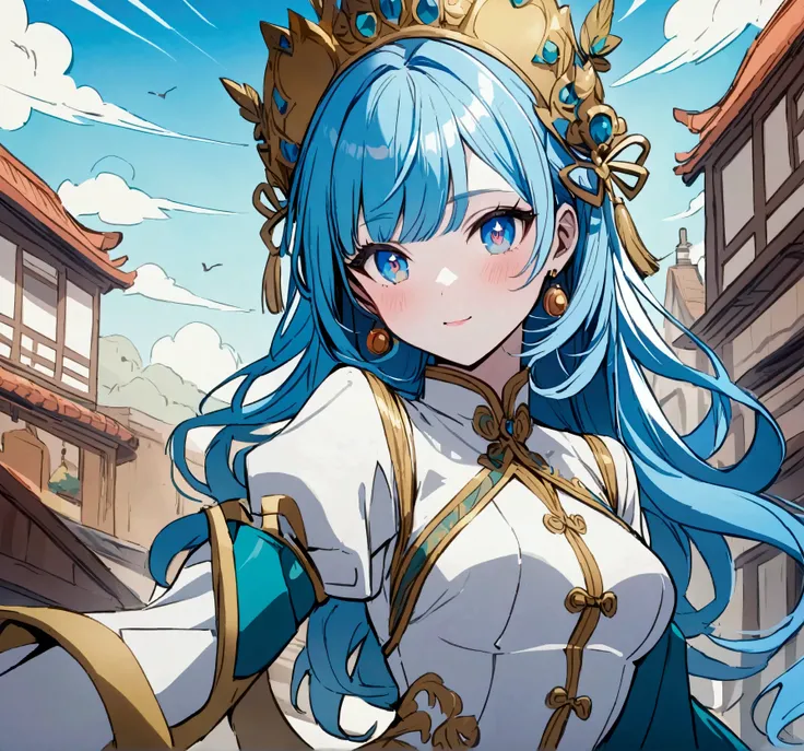 Young woman with white skin 
Short wavy blue hair
Blue eye pupil
large gold earrings 
White Chinese suit with blue details
Anime style