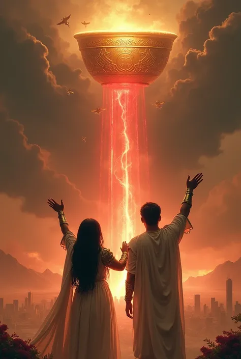  Viewpoint from the mountain ,  a chubby girl , medium height with long black hair and a muscular man both raise their two hands to the sky holding hands,  both are dressed in white armor of light seeing the whole city , And a tilted golden cup pours out f...