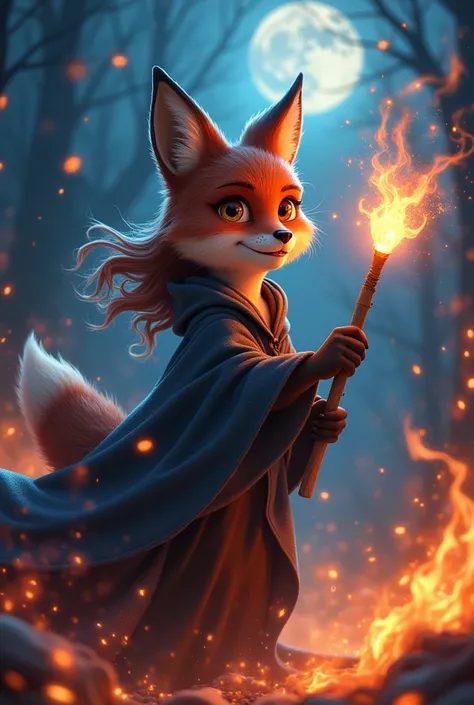 vibrant colors, masterpiece, sharp focus, detailed eyes, cinematic lighting, waving wand, 
fox witch casting magic spell, beautiful fire and embers, magical night, smile, disney style, bright glowing colors, 