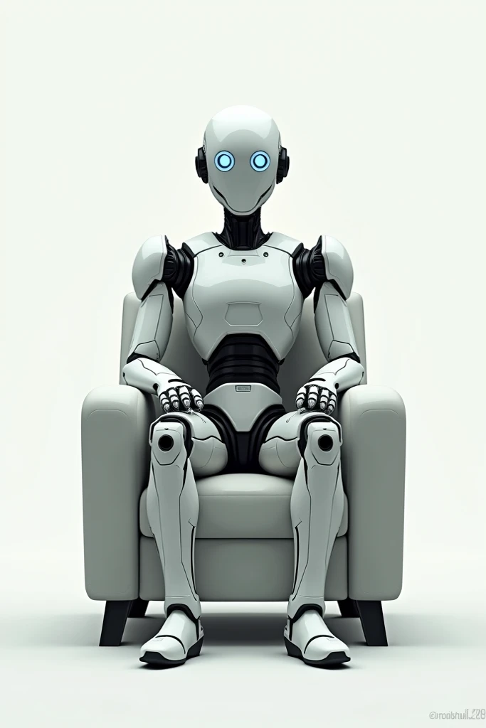 Front View of a robot sitting on a chair in one frame and illustrated form.