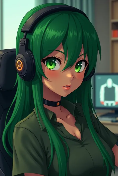  Contemporary anime trait,  More realistic, lábios e cílios More realistic. 
adult woman, tan brown skin tone ,  long green hair ,  fringe divided into 3 parts , green eyes, PC headset,  green eyebrows  ,  Sitting in a gaming PC chair looking to the side w...