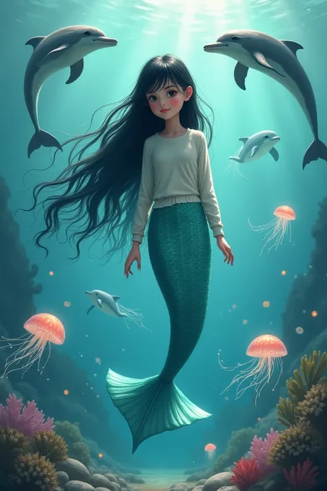 Picture a little mermaid wearing long-sleeved middle school clothes, and her tail is blue, her eyes are mint, her hair is black, and her friends are jellyfish and dolphins