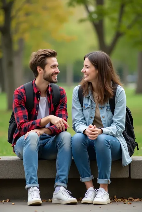  Two teenagers sitting in a park , chatting and laughing. They are sitting on a bench ,  one of them has a backpack ,  both wear casual clothes and smile while talking ,  showing a relationship of close friendship and trust.