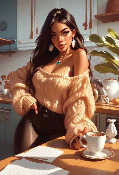 Conventionally attractive native American woman in baggy off the shoulder sweater and leggings, realistic proportions, sitting at kitchen table with cup of coffee