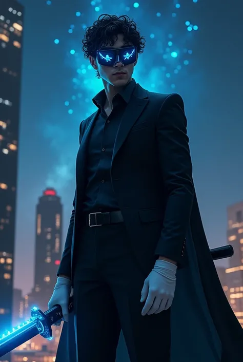 Man,black suit,black and short curly hair,wore cool mask that hide his face, wear white gloves, glowing blue left eye, standing on high building in the city,beautiful night sky(alot of stars) ,elegant pose, killing intent blue aura, holding a long black ka...