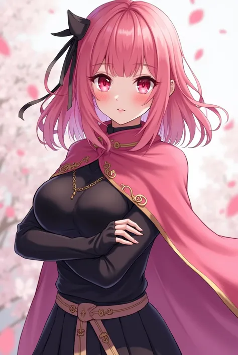 A 20-year-old anime girl , She is a ninja who wears mesh underneath and on top she has a pink cape,  her hair is pink and her eyes are crimson red, his suit does not have long sleeves and his hair is loose and long