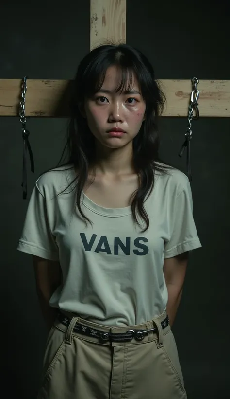 Headshot of a Japanese woman wearing a VANS t-shirt and chinos standing facing the front and crying after being handcuffed with handcuffs on a cross and being hit by a man until blood comes out