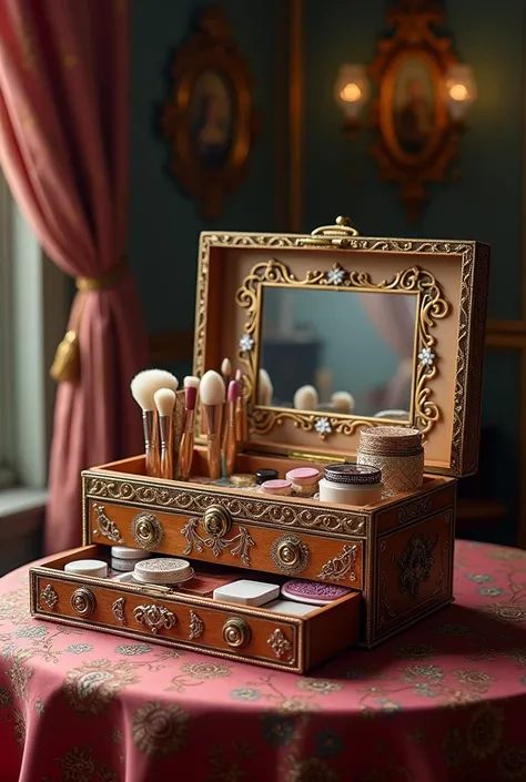 Make me a antique make-up box for a female and it should contain all the makeup items in it add more items in it, it should contain every items of makeup 