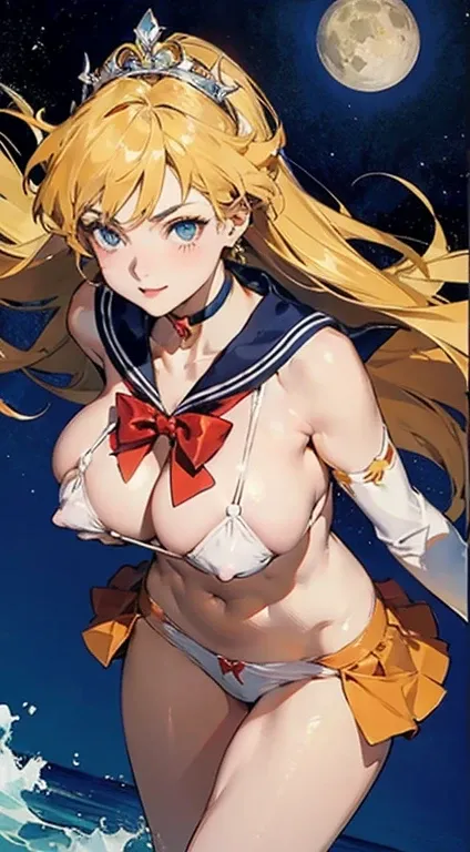 (masterpiece, best quality, high resolution, anime screencap,anime colored, 8k), Sailor Venus, blonde hair, longe hair, (sagging huge breast:1.3), (white micro bikini), cleavage, upper body, down arms, leaning forward, (perfect anatomy:1.5, beautiful detai...