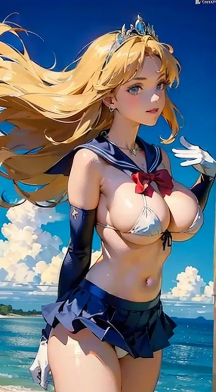 (masterpiece, best quality, high resolution, anime screencap,anime colored, 8k), Sailor Venus, blonde hair, longe hair, (sagging huge breast:1.3), (white micro bikini), cleavage, upper body, down arms, leaning forward, (perfect anatomy:1.5, beautiful detai...