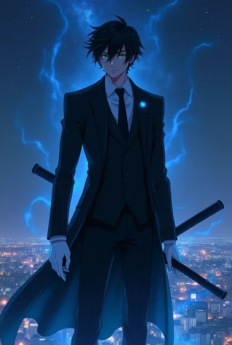 Anime style, 
Man,black suit,black and short curly hair,wore cool mask that hide his face, wear white gloves, glowing blue left eye, standing on high building in the city,beautiful night sky(alot of stars) ,elegant pose, killing intent blue aura, holding a...