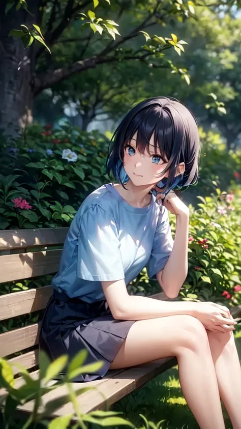 “An anime-style scene of a high school girl in a peaceful outdoor setting, sitting on a bench under the shade of a tree. She is gazing blankly into the distance with a calm, absent-minded expression, as if lost in thought. The surroundings are serene, with...