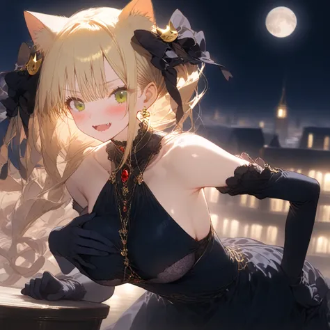 ((masterpiece)), best quality, best quality drawn, an anime girl,a vampire girl, (blue leather lolita classic hard dress:1.5)), ((gloves)), ((blonde drill odango hair)), golden bat hair ornament, ((blush)), look away, Night sky, moon, outdoors, (insanely d...