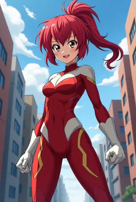 My Hero Academia Style , Anime girl, female, young female ,Full Body Shot,(fighting stance:1.3),Long hair, Red Hair,  Brown Eyes,Hero Suit, Full Body Suit, red suit with white details, perfect anatomy,  Toughened Abs,super detailed,(Buildings:1.2）