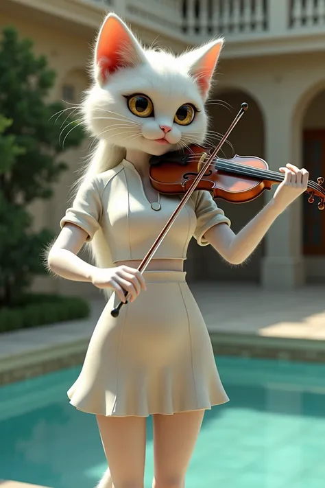 The white color cat is tall and has large breasts wearing a short shirt and a short skirt is singing and playing fiddle against the background by the pool of the luxury home 