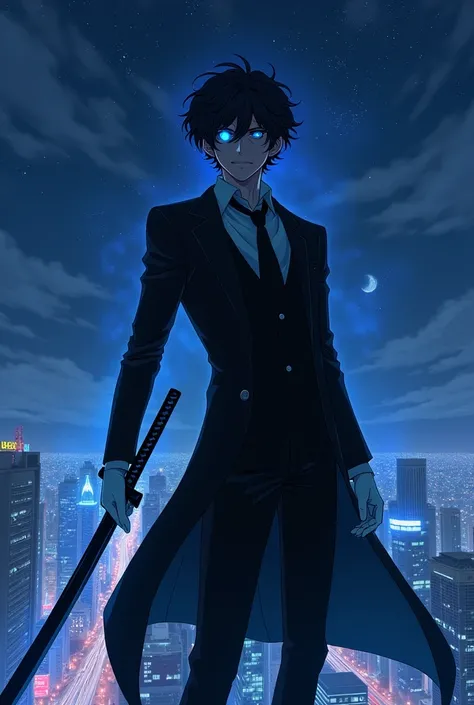 Anime style, 
Man,black suit,black and short curly hair,wore cool mask that hide his face, wear white gloves, glowing blue left eye, standing on high building in the city,beautiful night sky(alot of stars) ,elegant pose, killing intent blue aura, holding a...