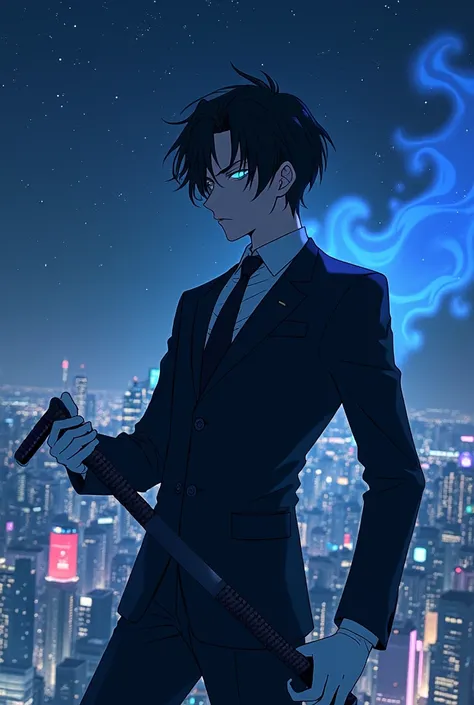 Anime style, 
Man,black suit,black and short curly hair,wore cool mask that hide his face, wear white gloves, glowing blue left eye, standing on high building in the city,beautiful night sky(alot of stars) ,elegant pose, killing intent blue aura, holding a...