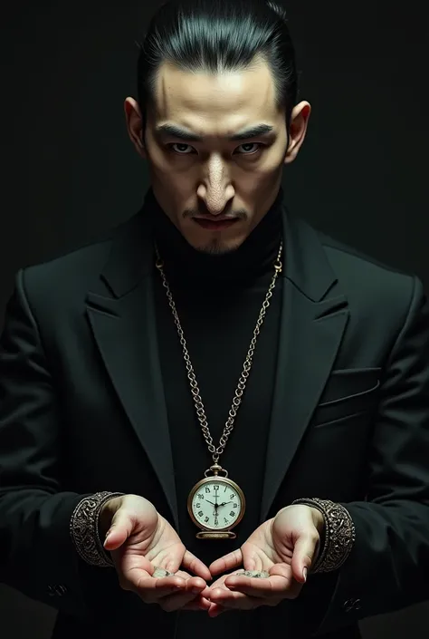 Scary and eerie，Asian men， beak radiates，I have a pocket watch on my chest ， holding a string of bracelets，handsome