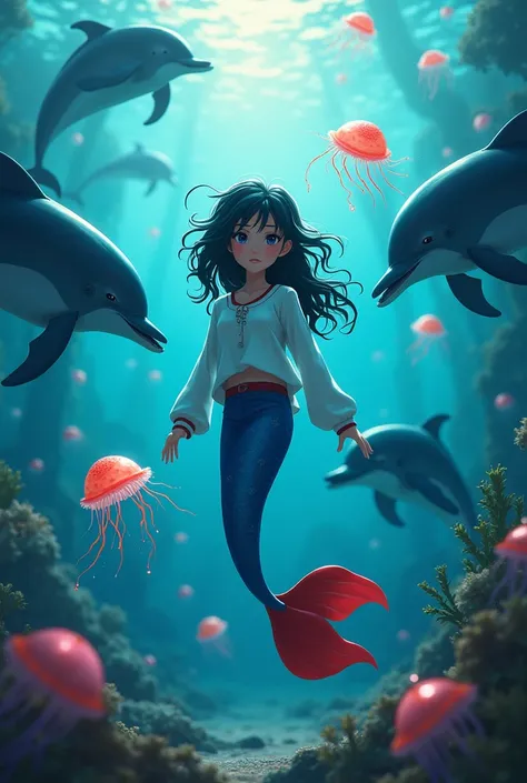 Picture a mermaid wearing long-sleeved middle school clothes, and her tail color is blue, her eyes are black, and her tail fins are red. My friends are jellyfish and dolphins. The Little Mermaid is playing with dolphins and jellyfish, but natural enemies m...