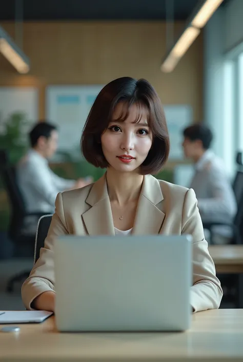 ((( realistic 、Realistic、 reality、live-action、High image quality、４k)))、(((50-year-old Japanese woman、Beauty)))Working in the office