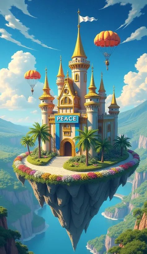 Create high resolution/4K, competition winner, masterpiece, details, A medieval style yellow-blue Castle floating on a island in the sky with white flag and lush green surrounding it, red-yellow-white flower surrounding it, door is golden color, courtyard ...