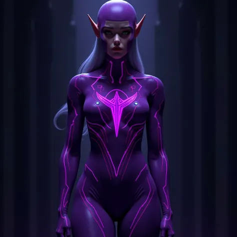 Girl wearing a vivid latex suit , with purple outline and purple details around the body with a purple symbol on her chest, alien costume similar to a black armor 