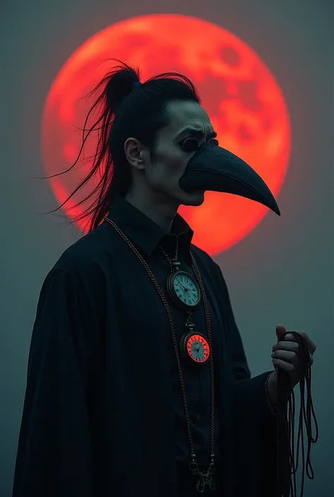 Scary and eerie，Asian men， beak radiates，I have a pocket watch on my chest ， holding a string of bracelets，handsome，Red moon in the background