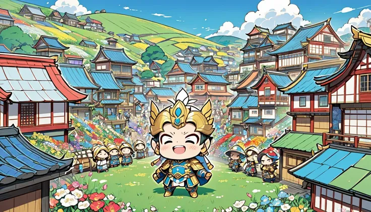 A chibi-style Emperor Karion, drawn in Japanese anime fashion, stands on a wooden platform overlooking the bustling crowd of chibi villagers. His golden armor now gleams brighter than before, reflecting his renewed resolve. With his fist placed solemnly ov...