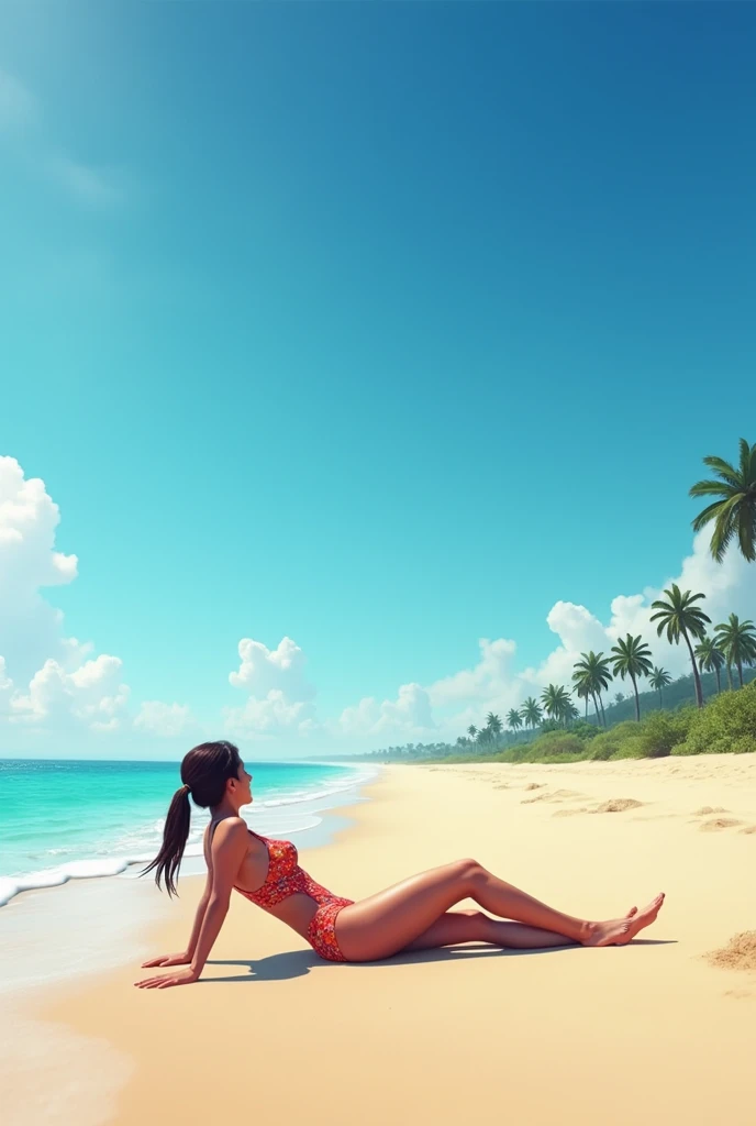  wearing a swimsuit,  on the beach.