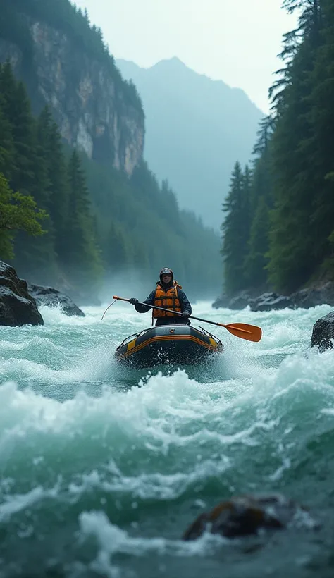 detailed river rafting scene, 1 person rafting down a raging river, dramatic waves crashing around the raft, lush green forest on the riverbanks, rugged rocky cliffs in the background, overcast moody sky with dramatic lighting, (best quality,4k,8k,highres,...