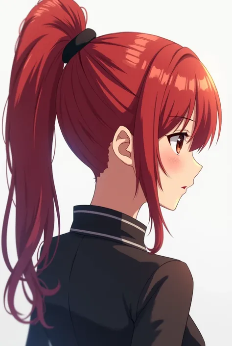 zoomed out picture, honkai impact 3rd inspired, girl, neat hair, thicker high ponytail with hair tie, red hair, rear side profile view, flushed face