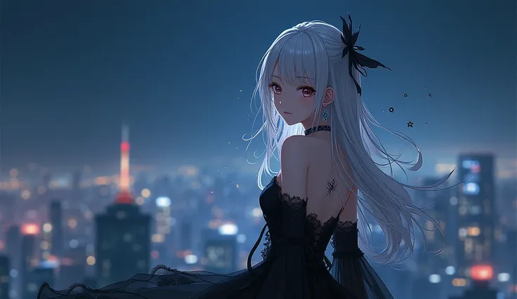 

Anime Girl ..,1girl，Alone， long hair， lace dress ，Jewelry，Upper body，White hair，earrings，Looking back，View from behind， Black Dress ，Tattoo，side，Night view of Tiantai city at night，perforation，cross，耳朵perforation，Light particles，Backless dress，dragon，