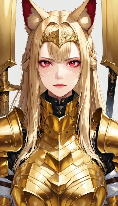  girl、( Golden Knight )、( Realistic Red Eyes )((Wolf ears))、(Blonde)、、((( hairstyle half up hair))、(Big Breasts)(Golden Armor)、(Demon Knight )、(sword)、(Move out of the way ))、(Background Demon Realm)