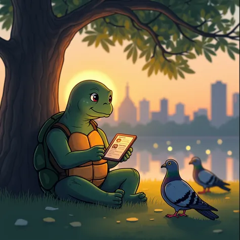 A serene evening in the park, Tortoise sits quietly under a tree with the pigeons, scrolling through his phone, looking reflective but calm, A notification pops up: "Trending: #FlyingTortoiseFail,”A serene dusk setting with warm tones, Tortoise sitting und...