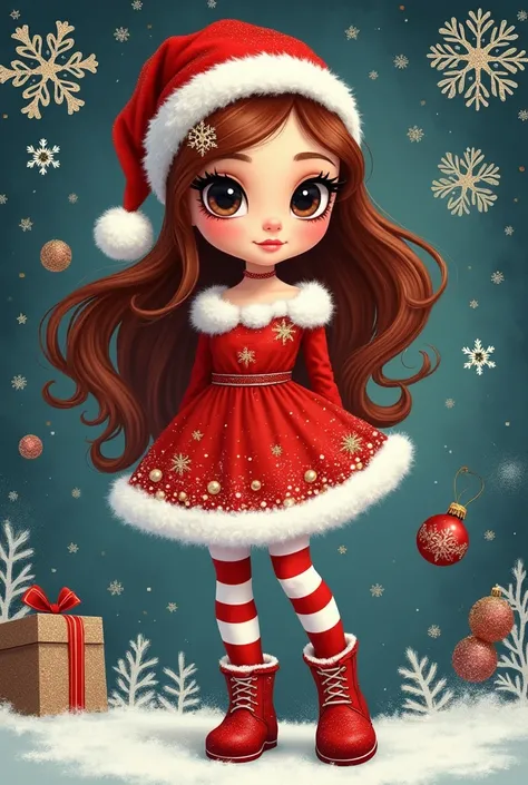 A stunning woman with big, sparkling black eyes. brown, red hair, decorated with glitter effects. Hat and background: Santas red hat and dress, long red and white striped tights, red boots with glitter effects, detailed snowflakes, and sparkles. The backgr...