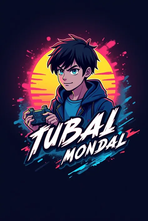 This is a  gaming  logo that features the name  Tubai Mondal   a futuristic font and a neon orange and  colour. and boy Anime avtar, The logo also has a stylized controller icon. The logo is designed to be attractive and eye-catching, and to appeal to gami...