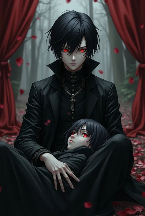  Anime boy with red eyes and sinister black hair.  The boy in his lap